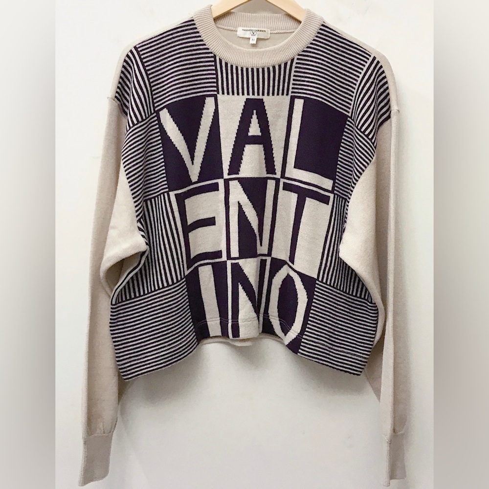 Valentino Garavani Sport Cream Purple Wool Logo Crop Sweater Medium M - Picture 1 of 6